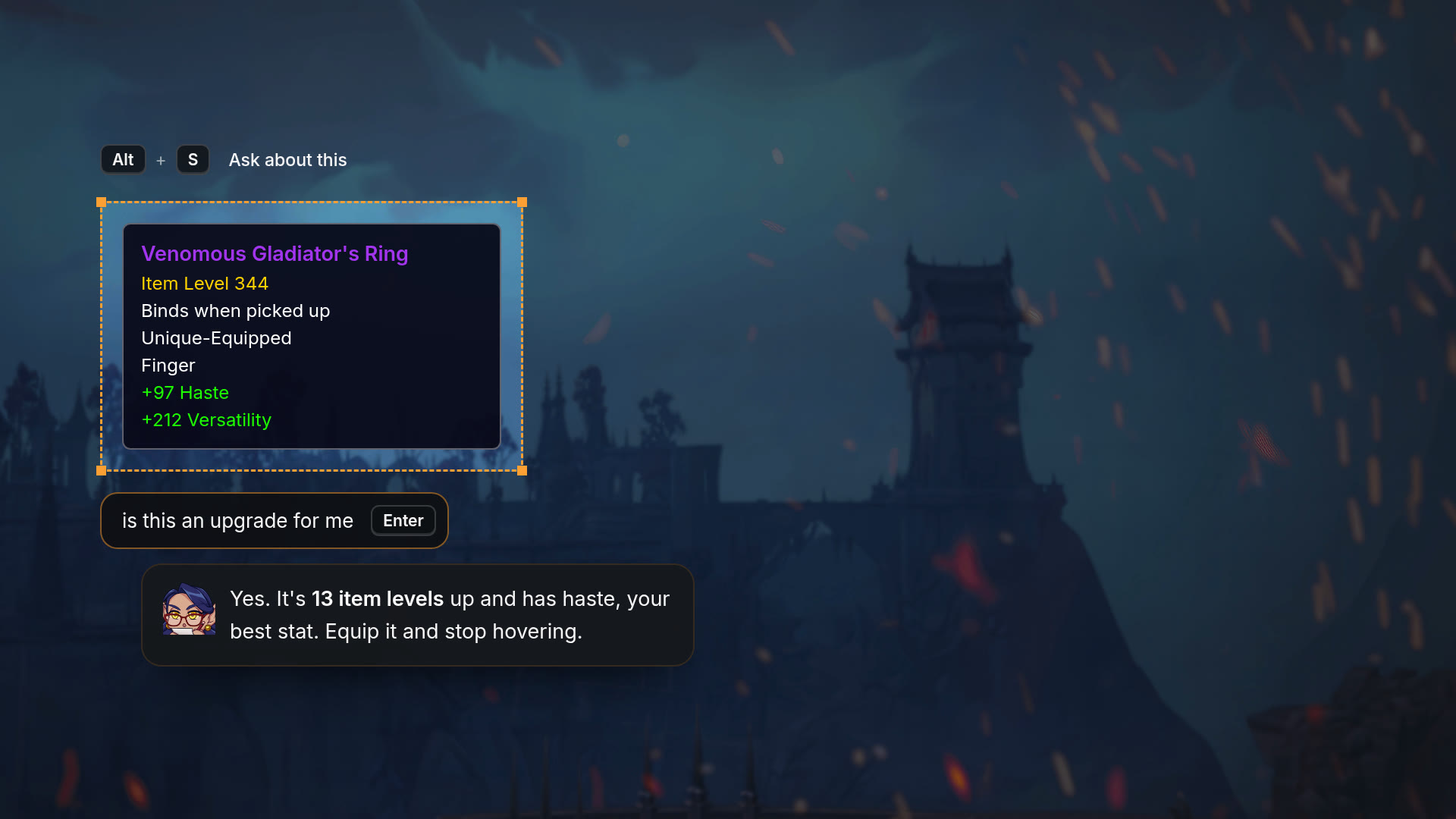 Mockup: a player selects an item tooltip in game and Seraphita answers in a bubble over it.